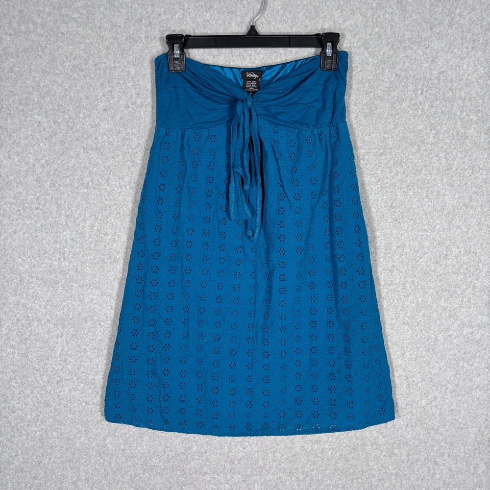 Y2K Vanity Babydoll Strapless Eyelet Dress Medium Teal Tie Bow Bandeau‎ Festival